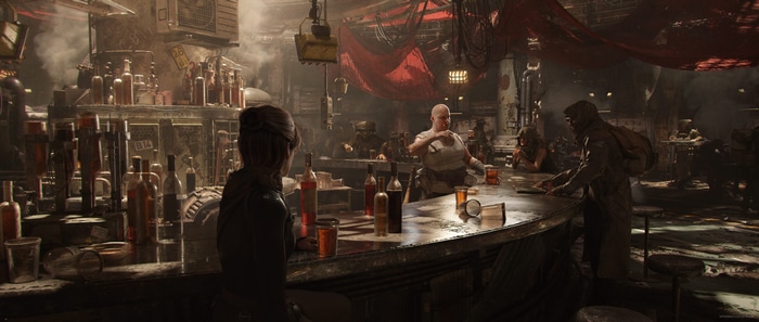 Concept art of a bar with people drinking