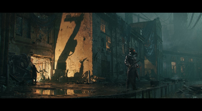 Dystopian factory concept art with masked figure