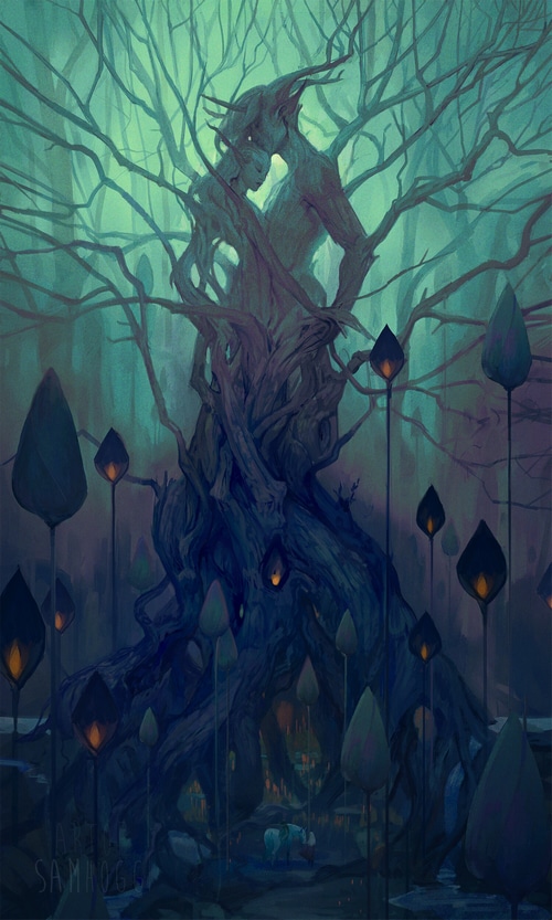 Tree spirits embracing in a mystical forest