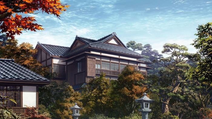 Traditional Japanese house surrounded by autumn trees