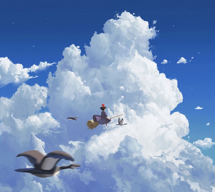 Kiki flying on a broomstick with birds