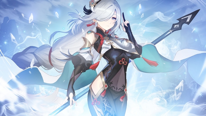 Shenhe from Genshin Impact with a spear