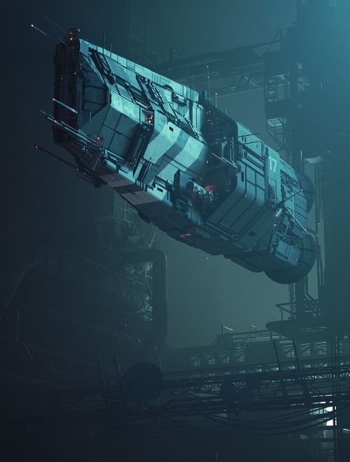 Spaceship in a dark, industrial science fiction setting