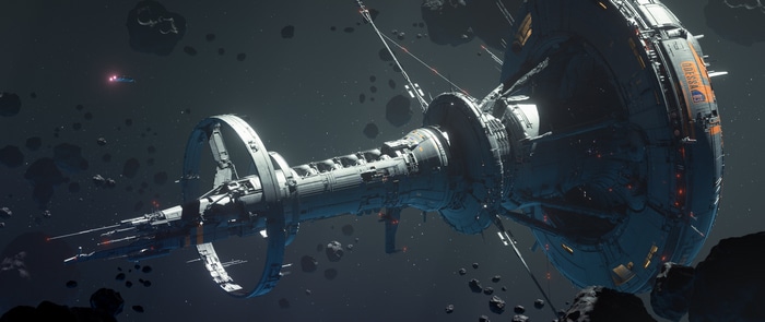 Space station in orbit with asteroids and a small ship