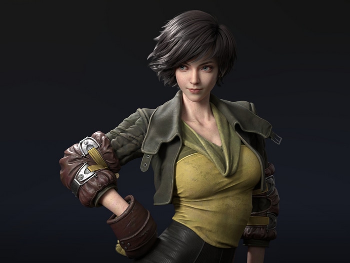 Woman with short brown hair and leather jacket