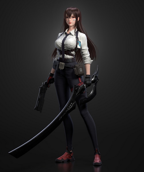 4K Asian Woman with Sword and Gun
