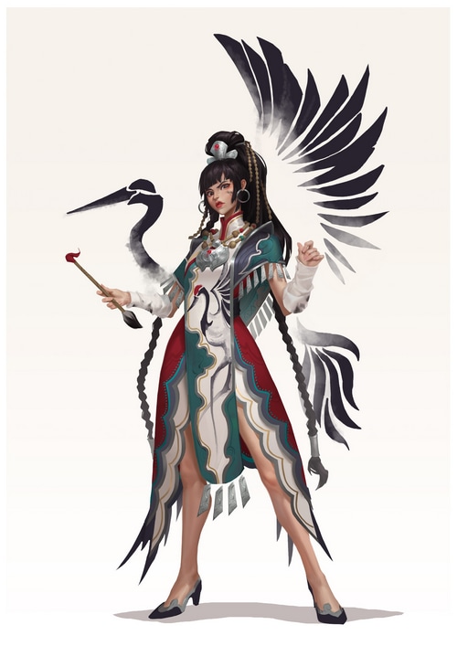 Fantasy girl with crane wings and a brush