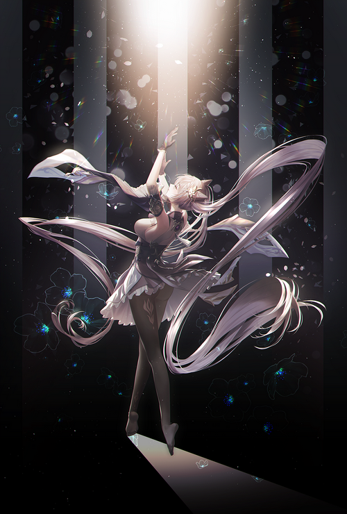 Keqing from Genshin Impact dancing in the spotlight