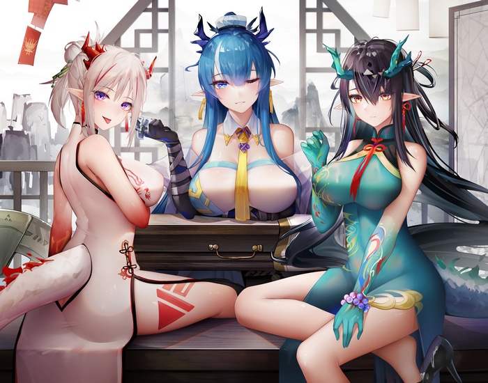 Arknights Nian, Ling, and Dusk in traditional dresses