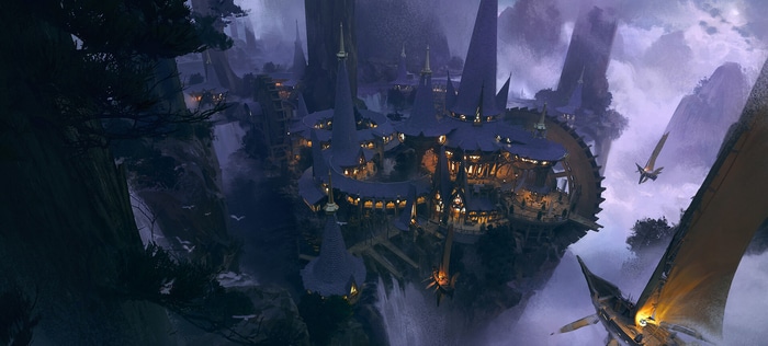 Fantasy elven city on floating islands at night