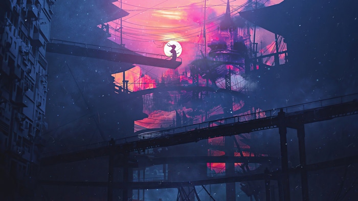 Fantasy cityscape with bridges and a lone figure