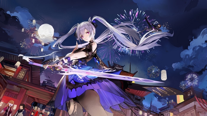 Keqing from Genshin Impact with sword and fireworks