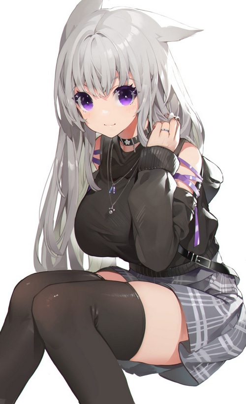 Anime girl with white hair and purple eyes