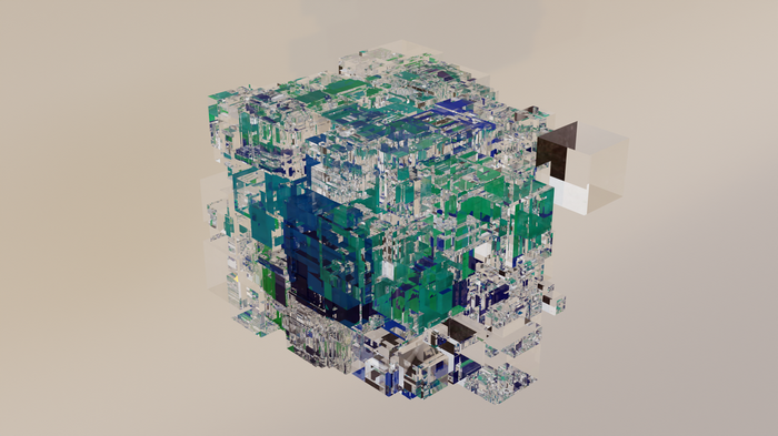 Abstract glass cube with green and blue hues