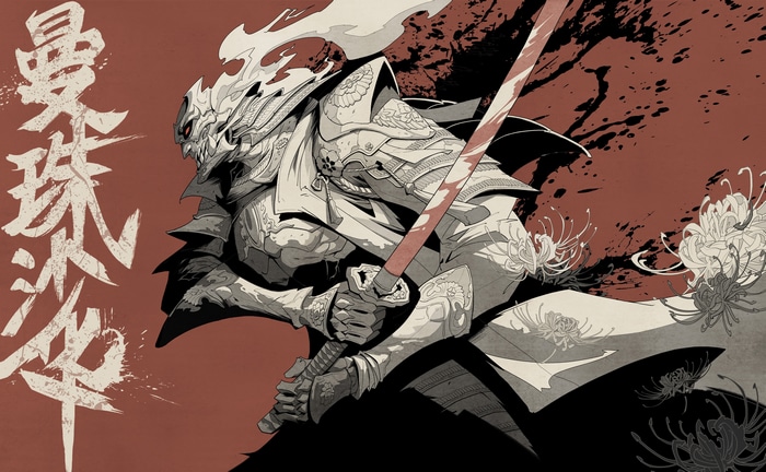 Samurai Demon with Katana and Spider Lilies