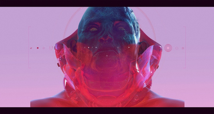 Close-up of a blue and pink alien head with red translucent armor