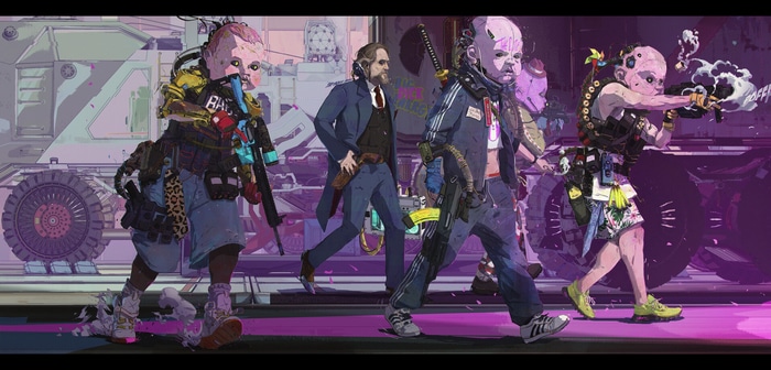 Four figures with stylized baby faces and weapons walk forward.