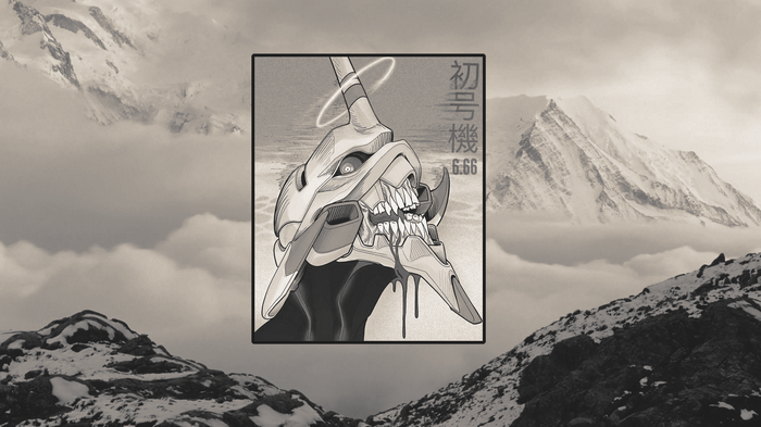 Evangelion Unit-01 head with Japanese text