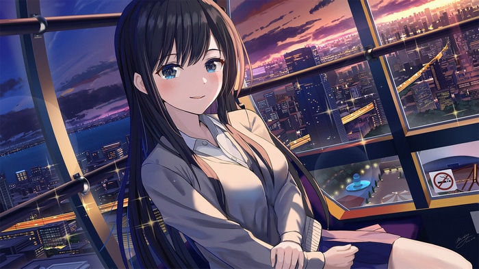 Anime girl with blue eyes at sunset cityscape