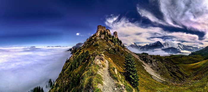 Panorama of the Swiss Alps with a sea of clouds