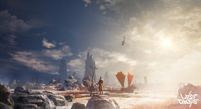 Last Oasis desert landscape with dragons and towers