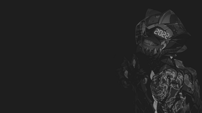 Monochrome cyberpunk demon with 2022 on helmet