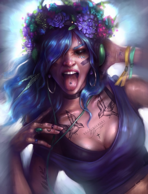Woman with blue hair and flower crown wearing headphones