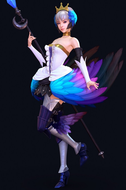 Woman with crown and feathers holding a staff