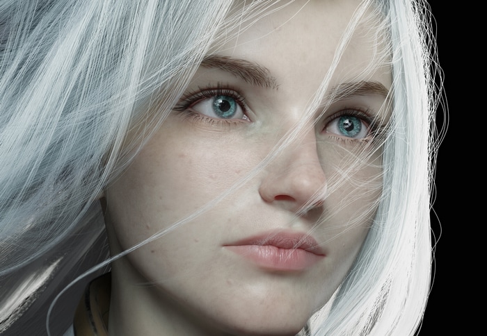 Close-up of a woman with white hair and blue eyes