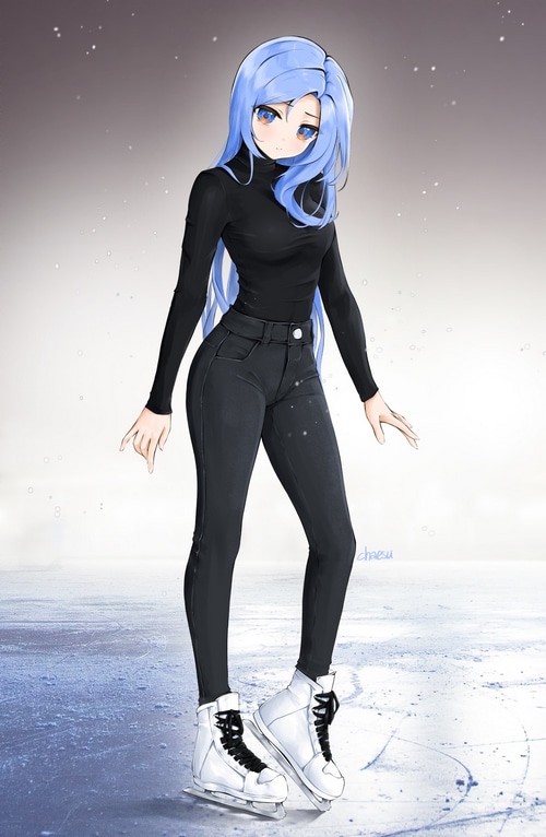 Anime girl with blue hair in black outfit on ice skates