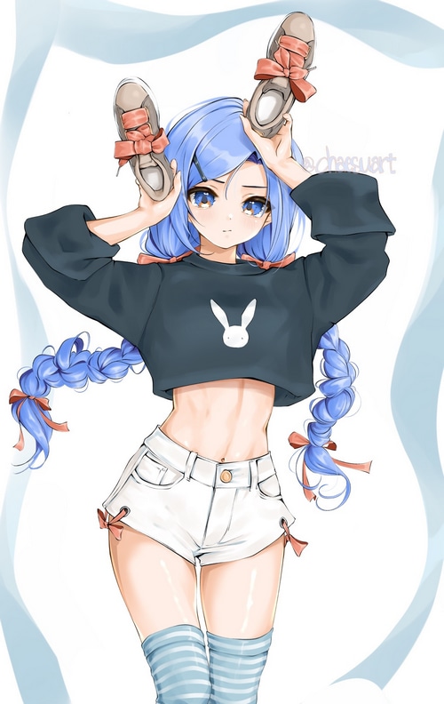 Anime girl with blue hair holding shoes