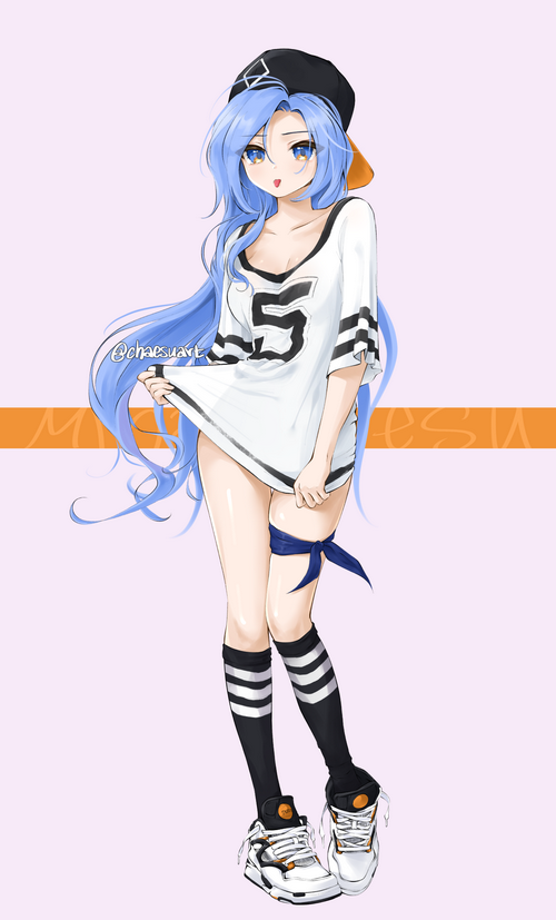 Anime girl with blue hair lifting shirt