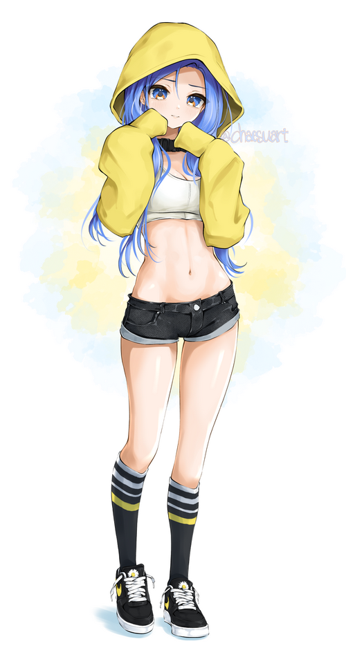 Chaesu anime girl with blue hair wearing yellow hoodie and jean shorts
