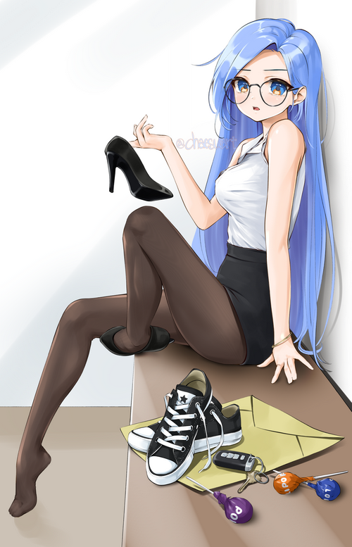 Anime girl with blue hair holding high heels and Converse