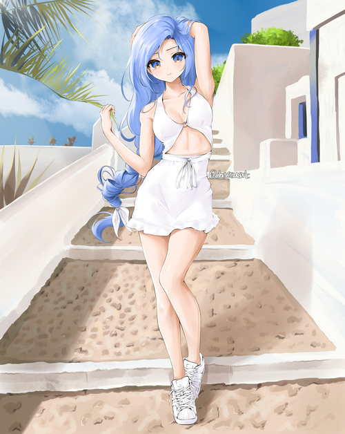 Chaesu in a white dress on stairs