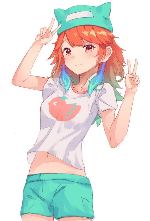 Takanashi Kiara wearing a cat ear hat and shorts