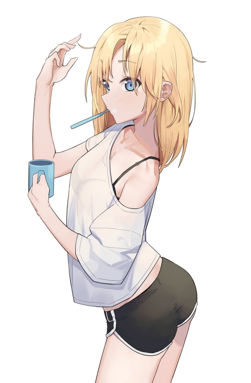 Anime girl with blonde hair brushing teeth