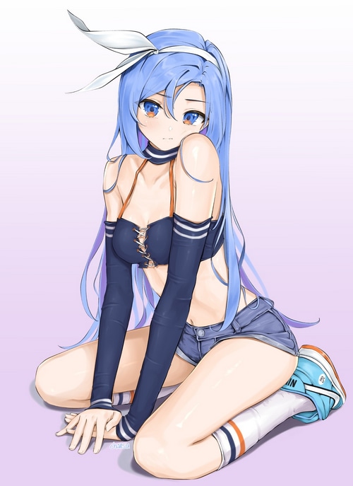 Anime girl with blue hair and short shorts