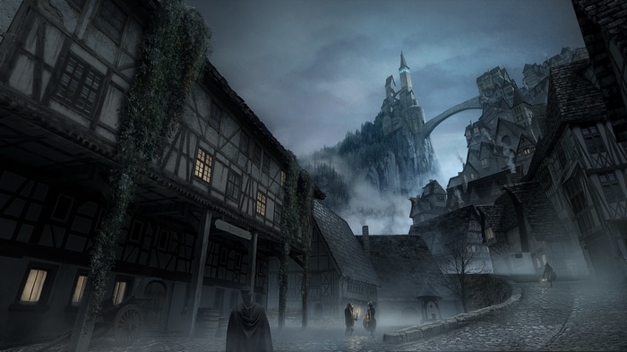Fantasy city with castle on a cliff