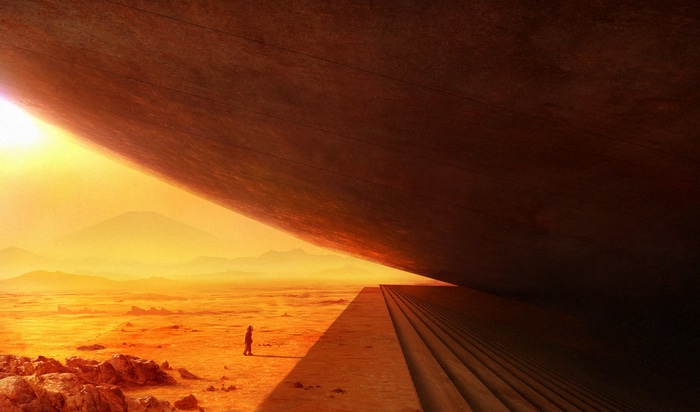 Alien landscape with a lone figure and a massive structure
