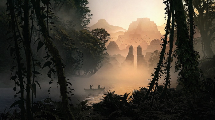 Mayan ruins in a misty jungle with a boat on the river