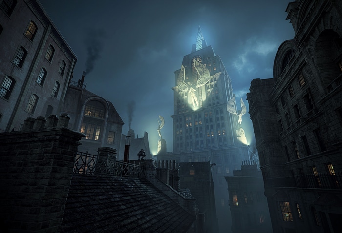 Fantasy city with angelic figures on a skyscraper