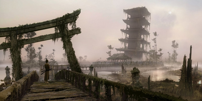 Samurai standing at a ruined Shinto torii gate