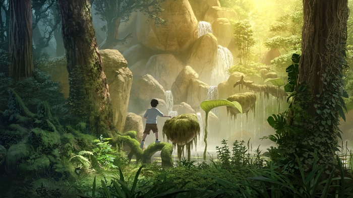 Boy in a fantasy forest with waterfalls