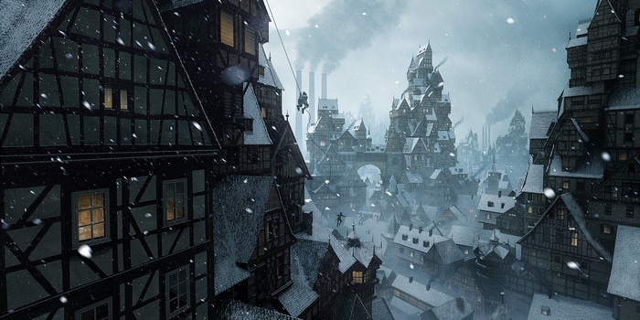 Fantasy city with snow and industrial chimneys