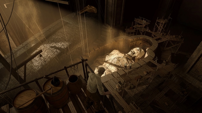 Archeology site with giant mummy statue
