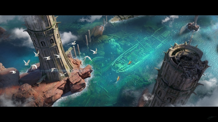 Shipwreck ruins with ancient towers and seagulls