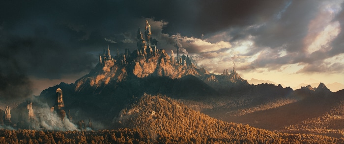 Fantasy castle on a rocky mountain under stormy clouds