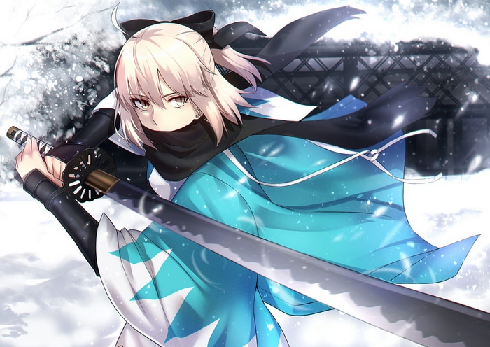 Okita Souji with a sword in the snow