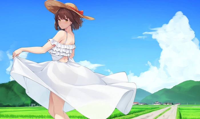 Megumi Kato in a white dress and hat in a field
